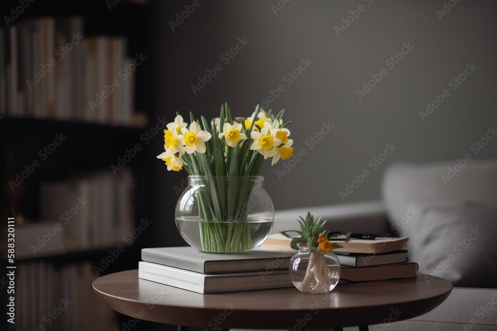  a vase of daffodils sitting on a table next to a stack of books and a vase of daffodils on a coffee