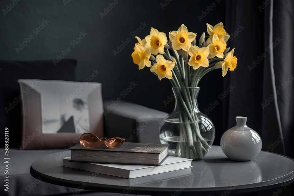  a vase of yellow flowers sitting on a table next to a couple of books and a vase of daffodils on a 