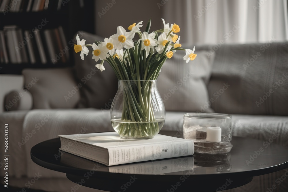  a glass vase filled with yellow and white flowers on top of a table next to a book on a coffee tabl