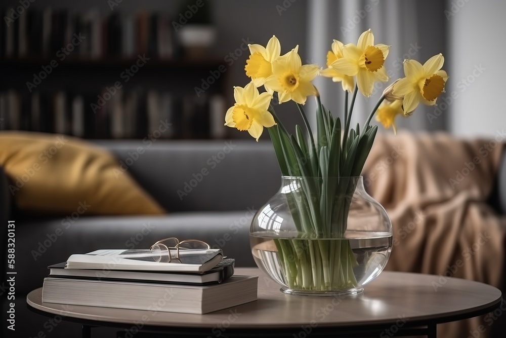  a vase of yellow flowers on a table with a book and ring on it next to a couch in a living room wit