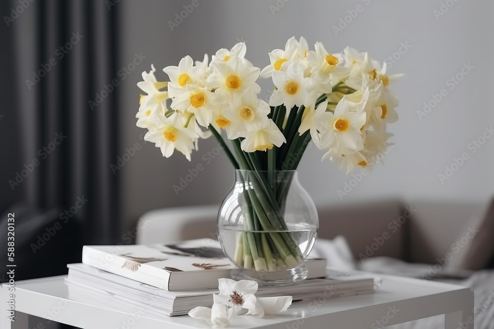  a glass vase filled with white flowers on top of a white table next to a book and a chair in a room