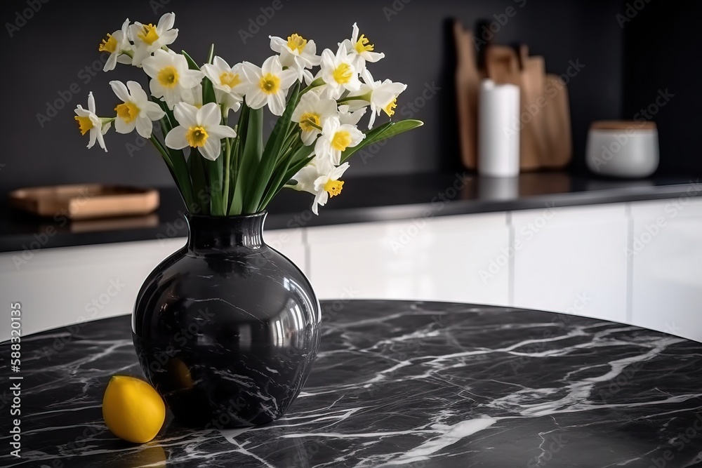  a black vase filled with white and yellow flowers on top of a marble topped table next to a yellow 