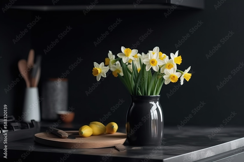  a vase of daffodils on a kitchen counter with lemons and a cutting board on the countertop next to 