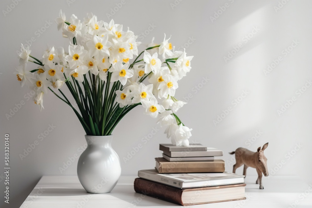  a white vase filled with white flowers next to a stack of books on a white tablecloth with a small 