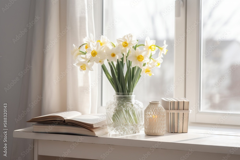  a vase of daffodils on a window sill with a book and candle on a table in front of a window sill.  