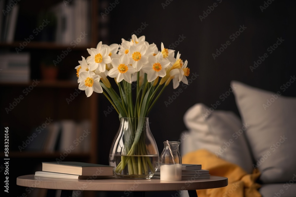  a table with a vase of flowers and a candle on top of a book shelf next to a bed with a yellow blan