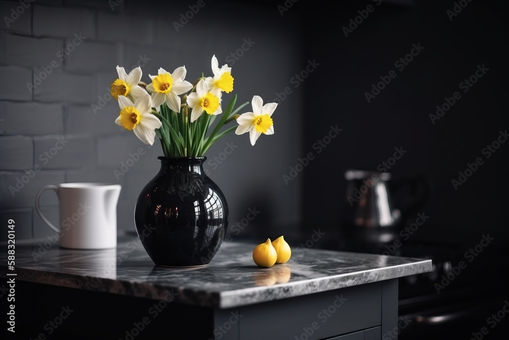  a vase of daffodils on a marble countertop next to a cup of coffee and a vase of daffodils.  genera