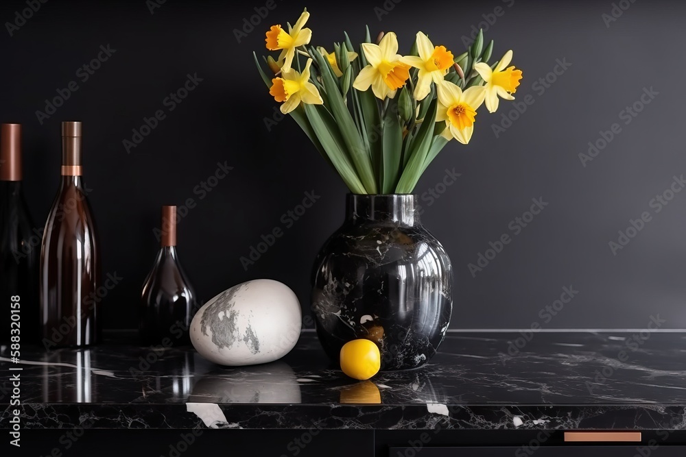  a vase of yellow flowers sitting on a marble counter top next to bottles of wine and an egg on a ma