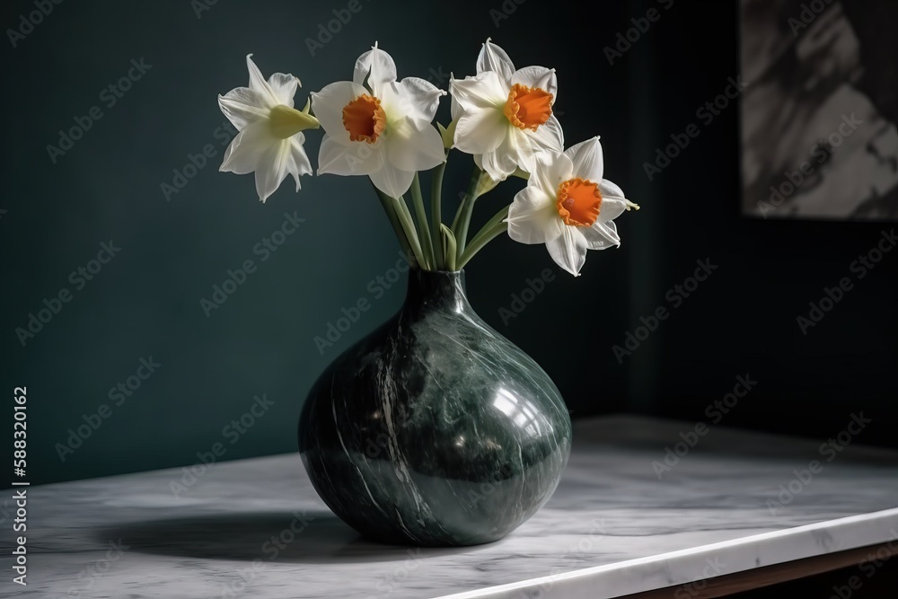  a green vase with white and orange flowers in it on a marble countertop in a room with a green wall