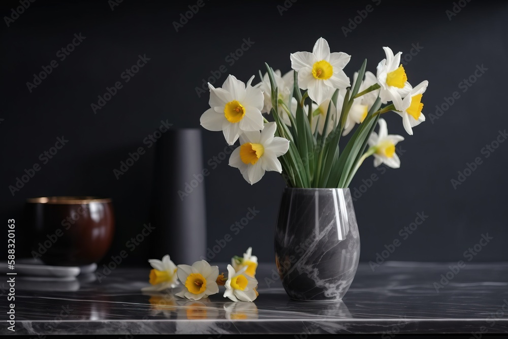  a vase filled with white and yellow flowers on a table next to a vase of flowers on a table top wit