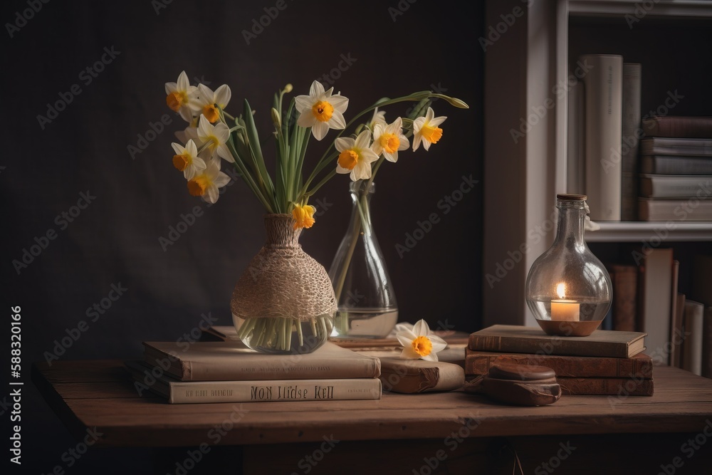  a table topped with books and vases filled with yellow and white daffodils on top of a wooden table