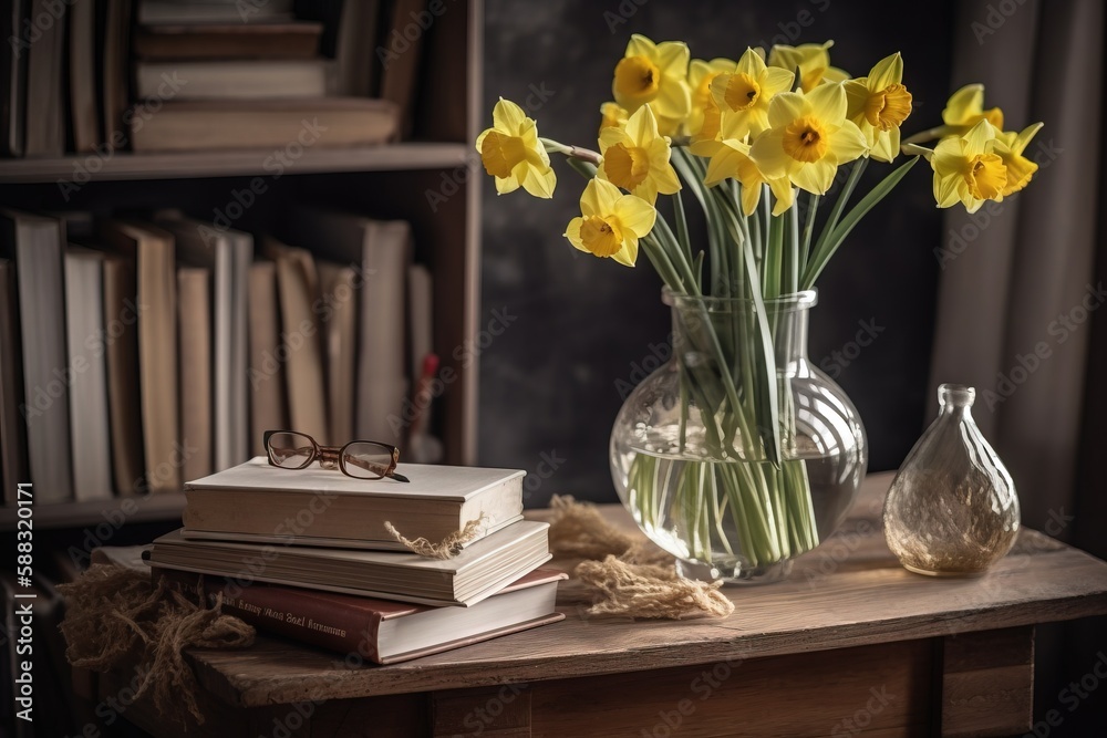  a vase filled with yellow flowers sitting on top of a table next to a stack of books and a vase fil