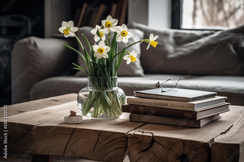  a glass vase filled with yellow and white flowers sitting on a table next to a book on a wooden sla