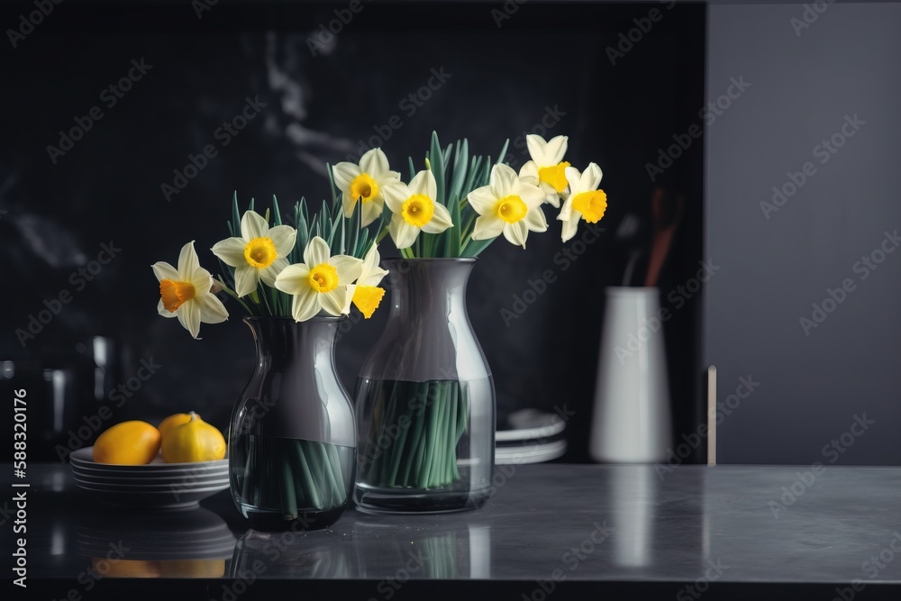  a group of vases filled with yellow flowers on a counter top next to a plate of lemons and a vase o