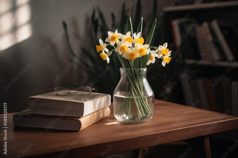  a vase of daffodils on a table next to a stack of books and a pair of glasses on top of a book.  ge