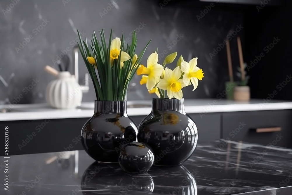  two black vases with yellow flowers in them on a countertop in a kitchen with a marble countertop a