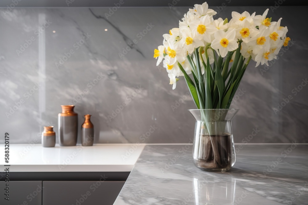  a vase of flowers sitting on a counter top next to a counter top with a sink and a counter top with