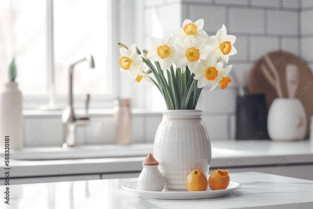  a white vase filled with yellow flowers on top of a kitchen counter next to a plate of fruit and a 