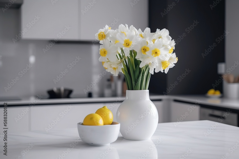  a white vase with yellow flowers and lemons on a white countertop in a kitchen with white cabinets 