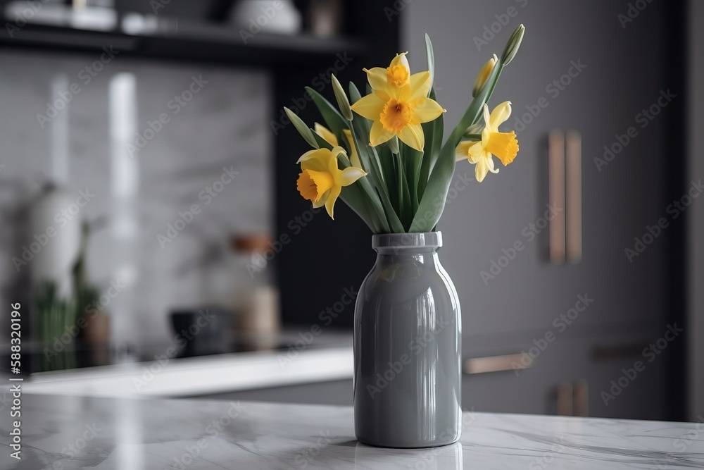  a vase filled with yellow flowers sitting on top of a counter top next to a counter top with a coun