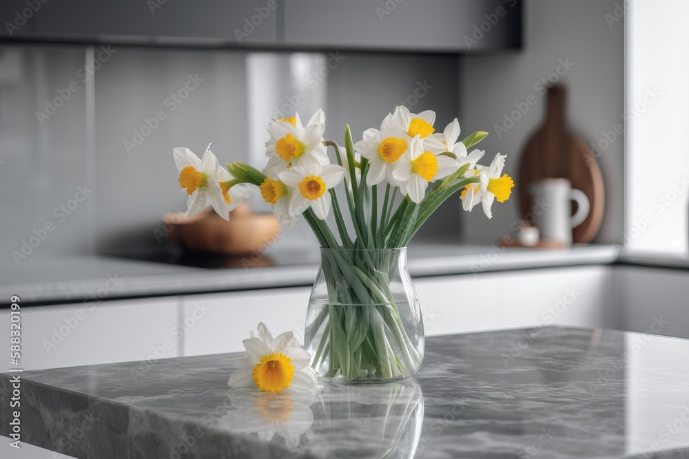  a vase filled with yellow and white flowers on top of a counter top next to a counter top with a va