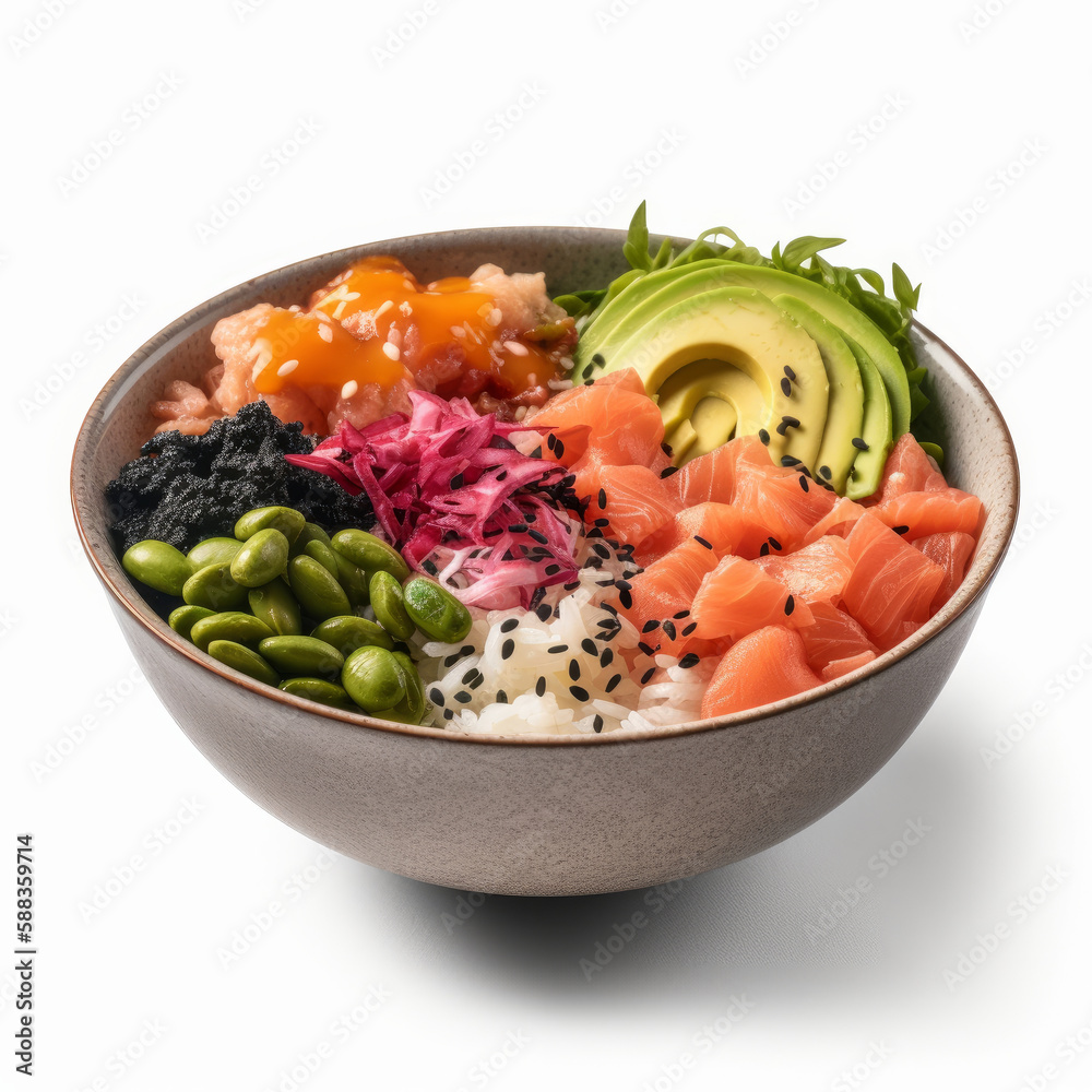 Poke bowl isolated on white background. Illustration AI Generative.