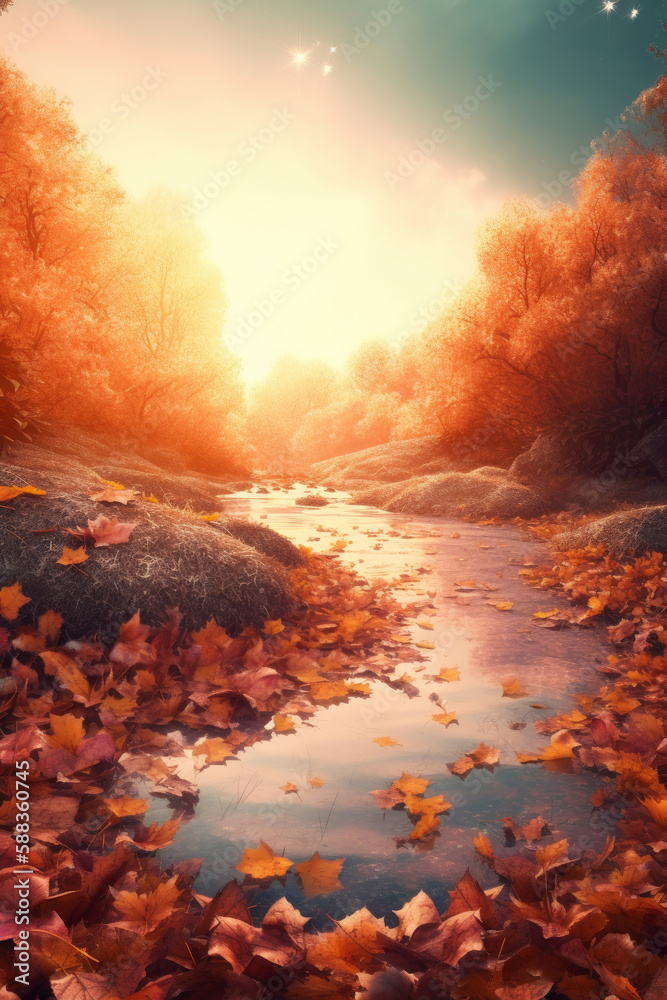 Magic Autumn Fall Background. Illustration AI Generative.