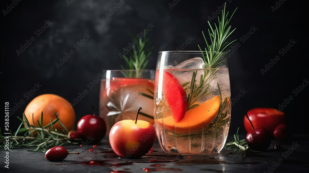 Cocktail of vodka and sprite with ripe fruits and rosemary Illustration AI Generative.