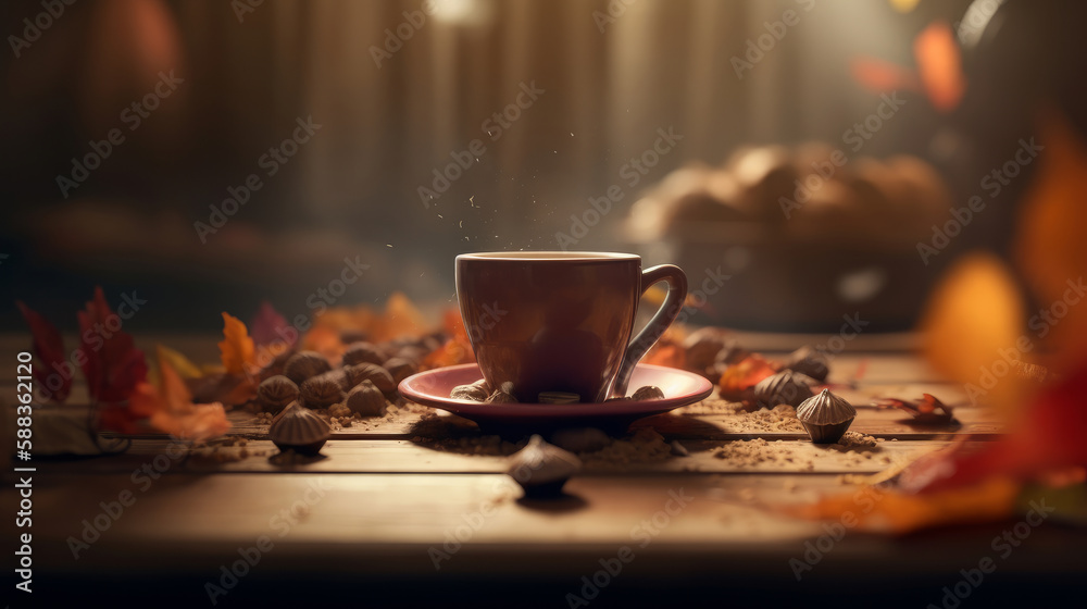 Autumn cozy coffee background. Illustration AI Generative.