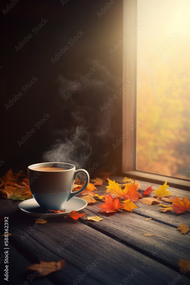 Autumn cozy coffee background. Illustration AI Generative.