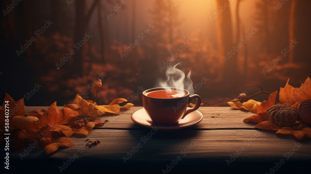 Autumn cozy coffee background. Illustration AI Generative.