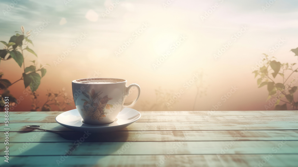 Summer morning with coffee cup. Illustration AI Generative