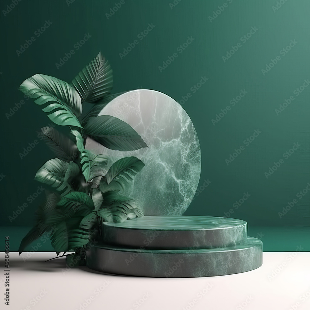 Natural stone podium with tropical leaves. Illustration AI Generative.