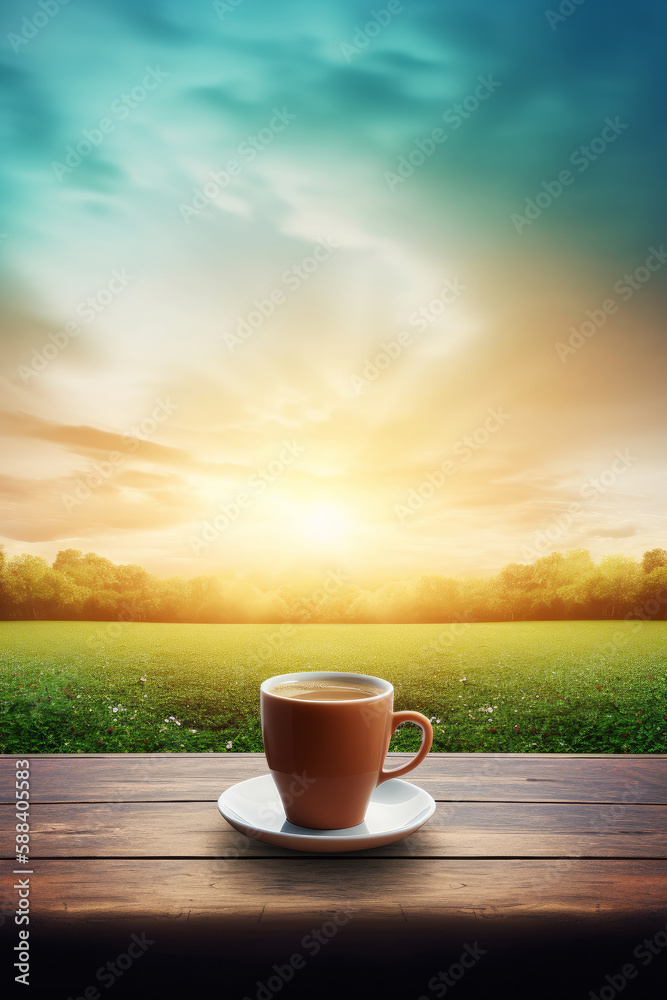 Summer morning with coffee cup. Illustration AI Generative