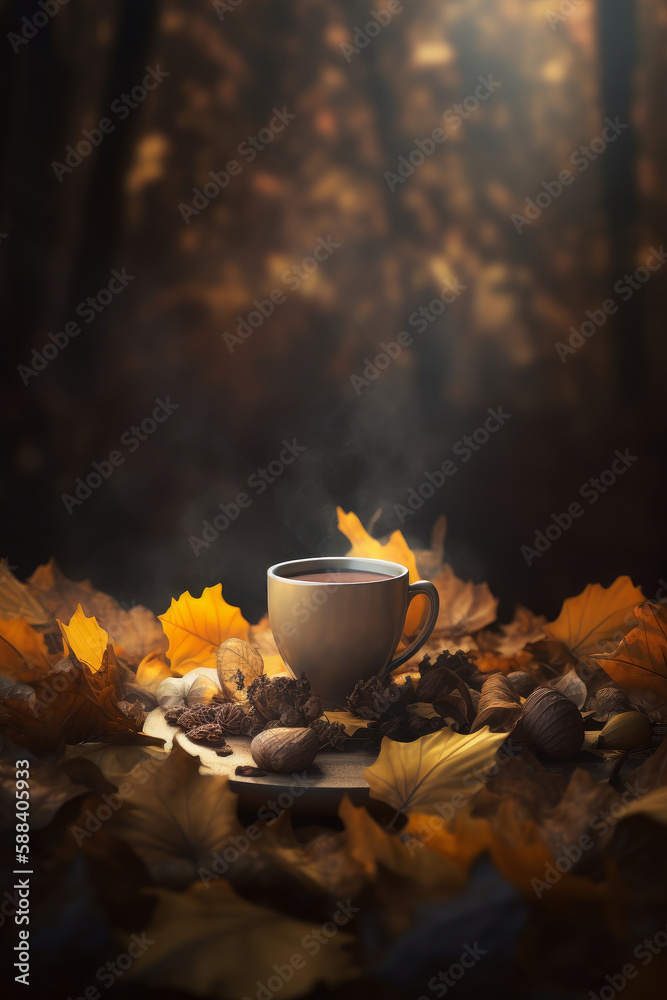 Autumn cozy coffee background. Illustration AI Generative.