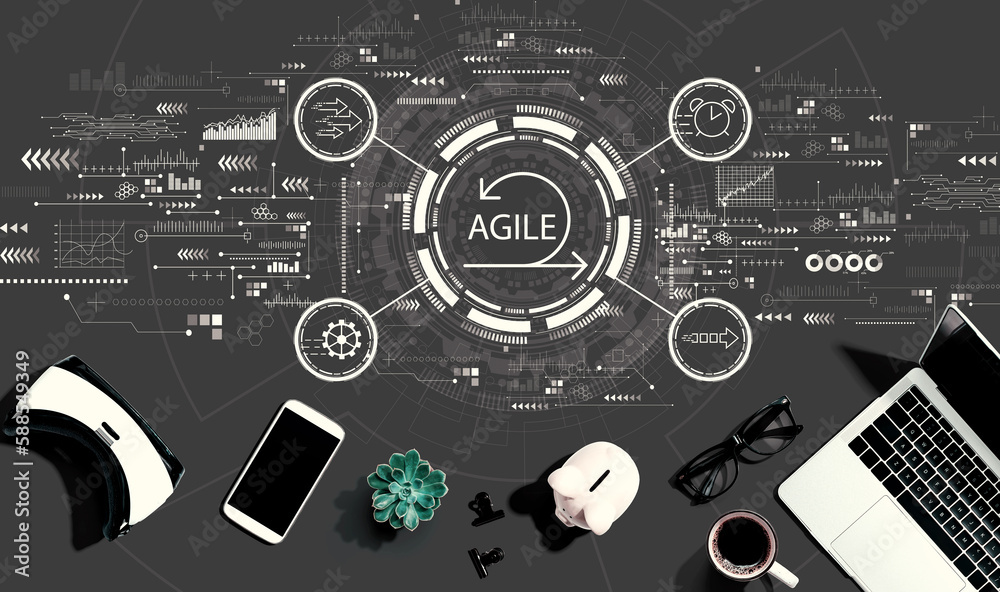 Agile concept with electronic gadgets and office supplies - flat lay