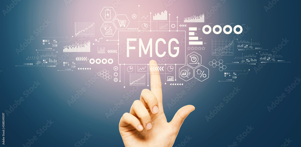 FMCG - Fast Moving Consumer Goods theme with hand pressing a button on a technology screen