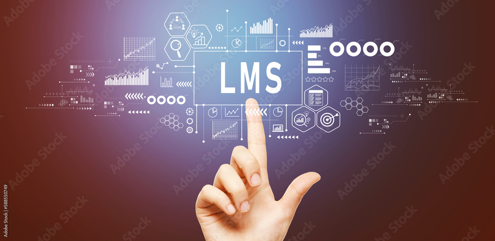 LMS - Learning Management System with hand pressing a button on a technology screen