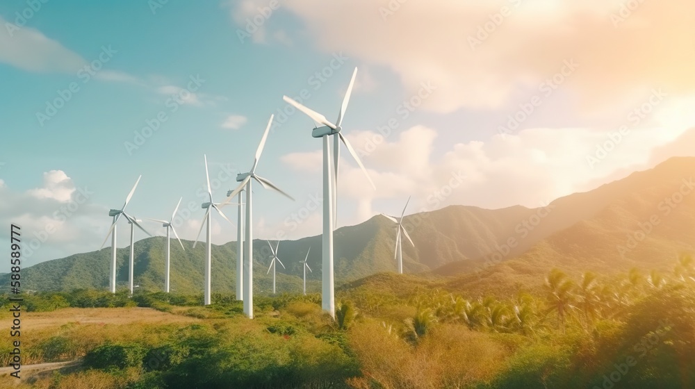 Windmill farm on the tropical ocean shore, windmills on a sunny day. Generative AI