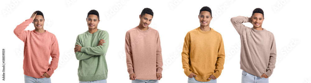 Collage of African-American guy wearing knitted sweaters in different colors on white background