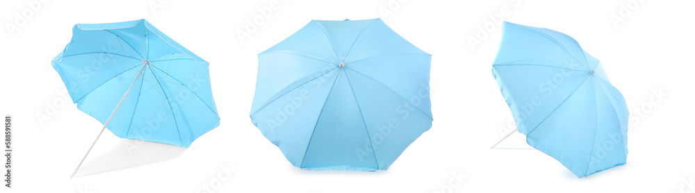 Collage of blue beach umbrella on white background