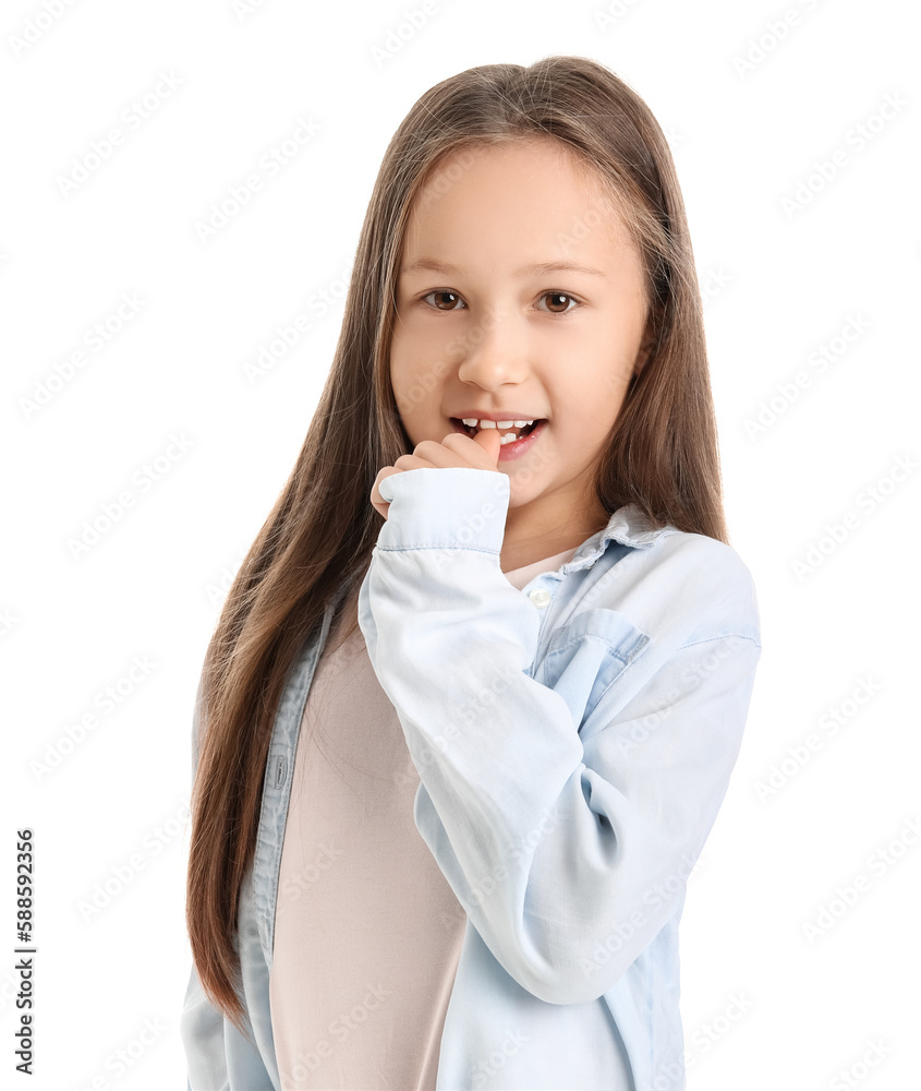 Little girl biting nails on white background