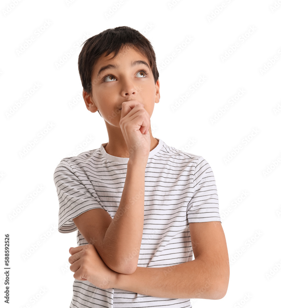 Little boy biting nails on white background