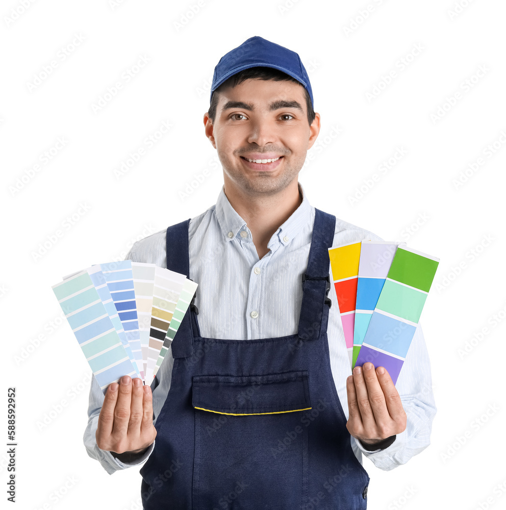 Male painter with color palettes on white background