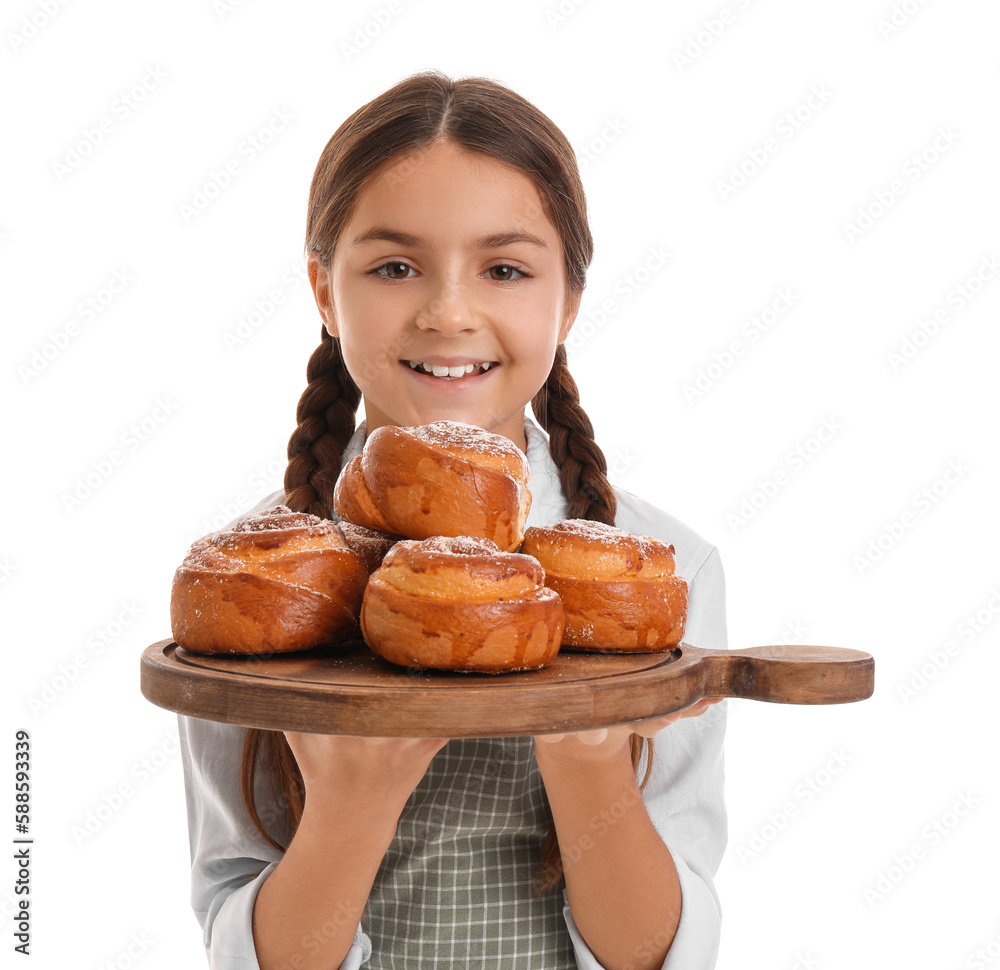 Little baker with board of tasty buns on white background