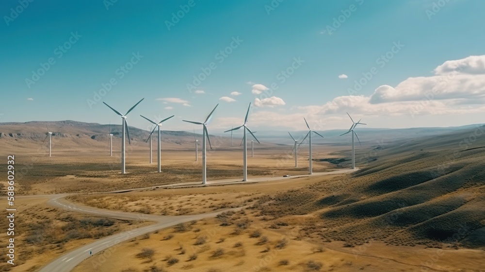 Windmill farm in the steppe against the blue sky. Renewable energy. Generative AI