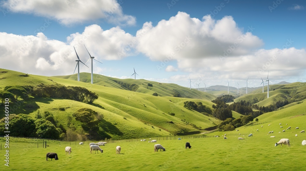 Power generating windmills on green hills. Renewable energy concept. Generative AI