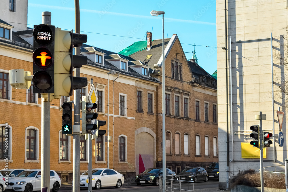 View of traffic lights in city