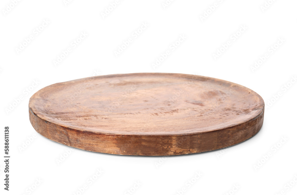 Round wooden board on white background