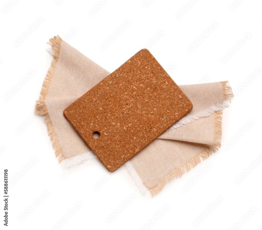 Cork cutting board and napkin isolated on white background